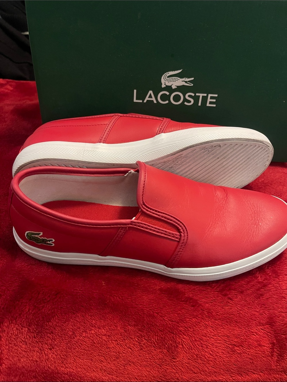Lacoste Men’s  Red Leather Slip-On Sneakers Worn once Size 8M Retail $139